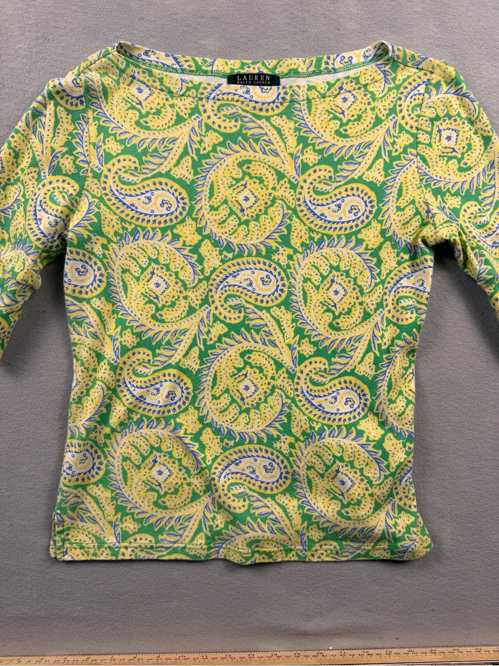 Lauren Ralph Lauren Women's Top Shirt Medium Green Paisley Cotton Preppy Resort